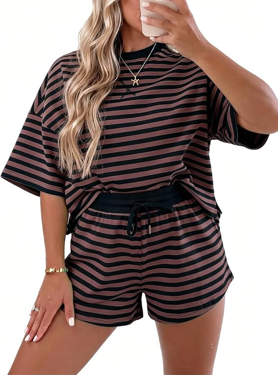 Ecosunny Womens 2 Piece Lounge Sets Matching Sets Stripe Drop Shoulder Boxy Casual Terry Short Se... | Amazon (US)