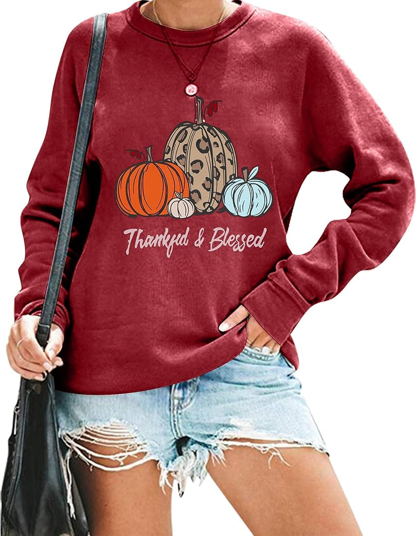 Womens Thanksgiving Shirt Thankful Blessed Sweatshirt Cute Leopard Pumpkin Pullover Shirt Casual Fal | Amazon (US)