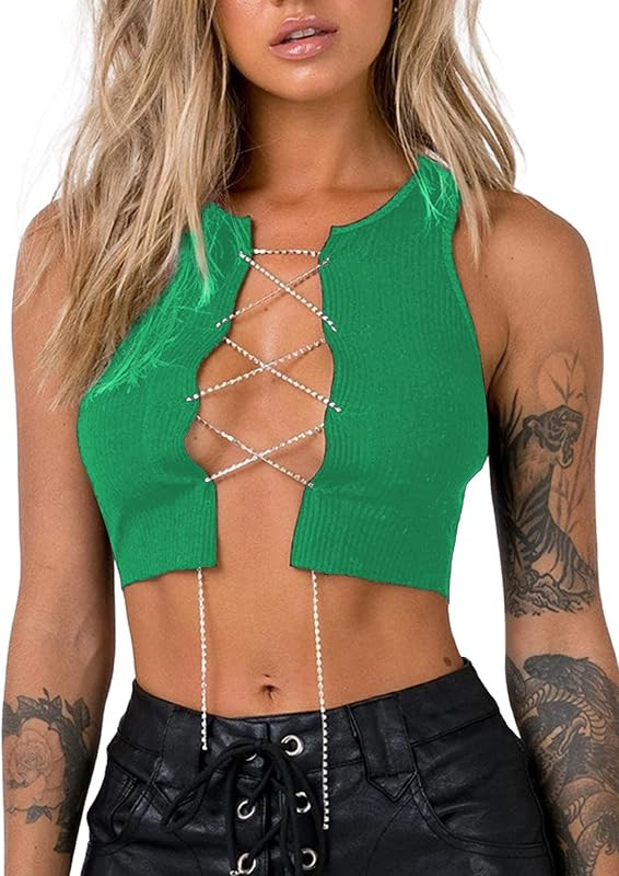 Remidoo Women's Sexy Open Front Chains Lace Up Crop Top Rib Knit Sleeveless Tank Tops Green Mediu... | Amazon (US)