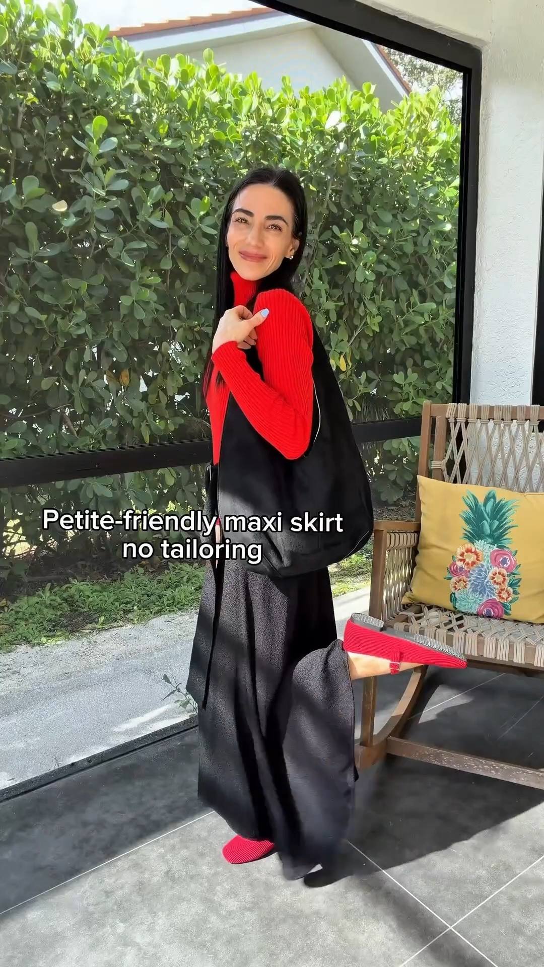 Petite-friendly red outfit I actually reach for. The Banana Republic heavy pebbled crepe maxi skirt fits my 24” waist perfectly in 00P at 5’0” — no tailoring needed. The top is an Old Navy ribbed turtleneck in XS Petite, and I finished it with my slouchy JW Pei suede bag for a relaxed, everyday polish. 
Mary Jane flats size up half a size 

#LTKootd #LTKPetite