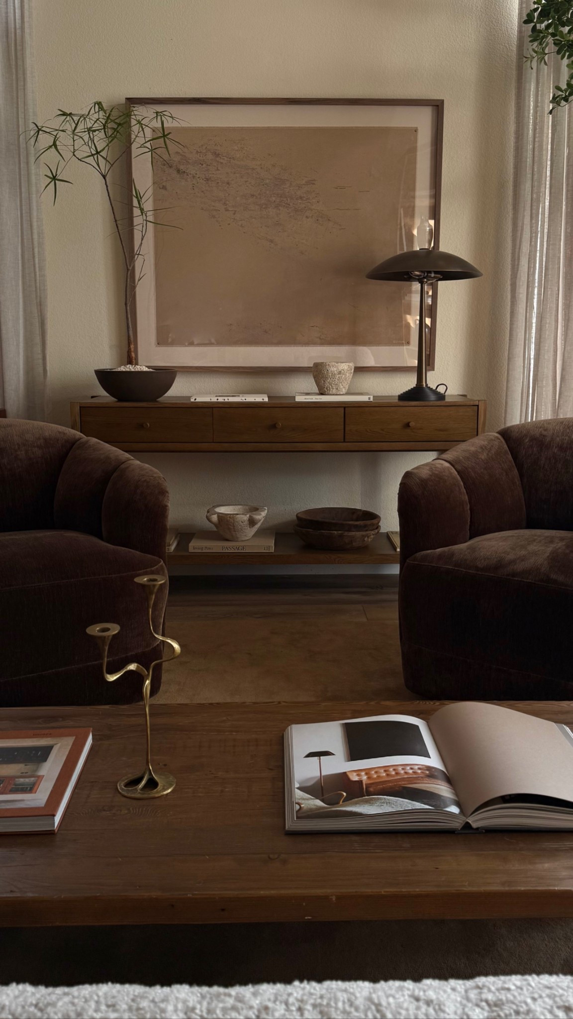 medium/dark wood console table and planter from wayfair. 

@wayfair #wayfair #ad