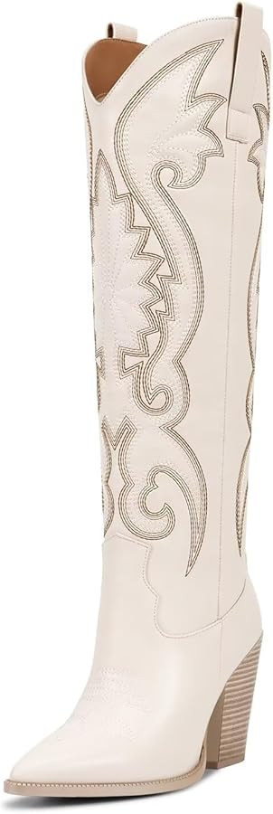 ISNOM Womens Cowboy Knee High Boots Cowgirl Boots Western Boots with Embroidered Pointed Toe Chun... | Amazon (US)
