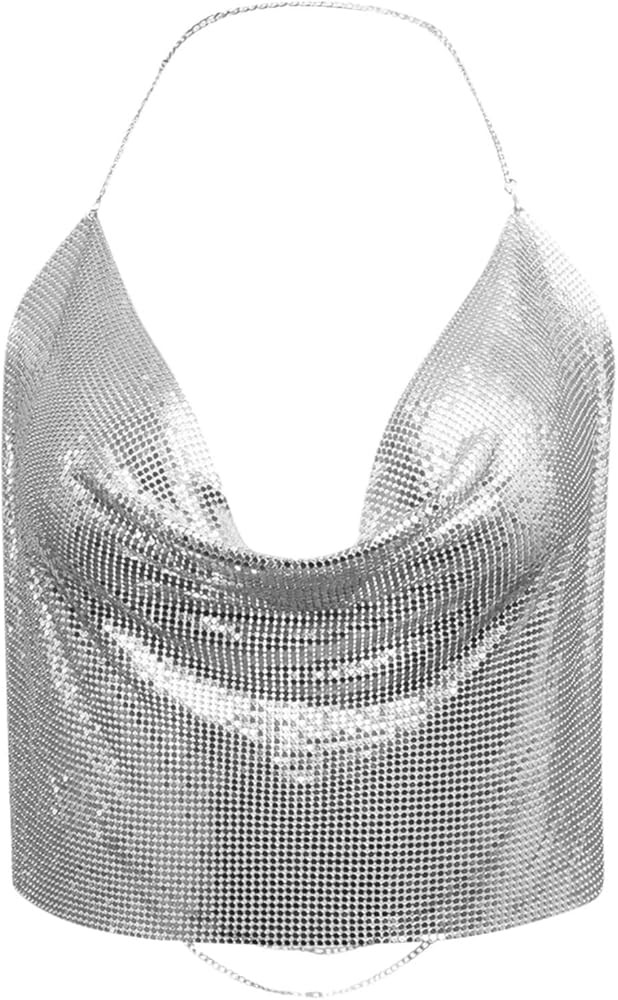 Women's Metallic Sequin Glitter Vest with Deep V-Neck Evening Party Shirt Crop Tank Tops Silver/G... | Amazon (US)