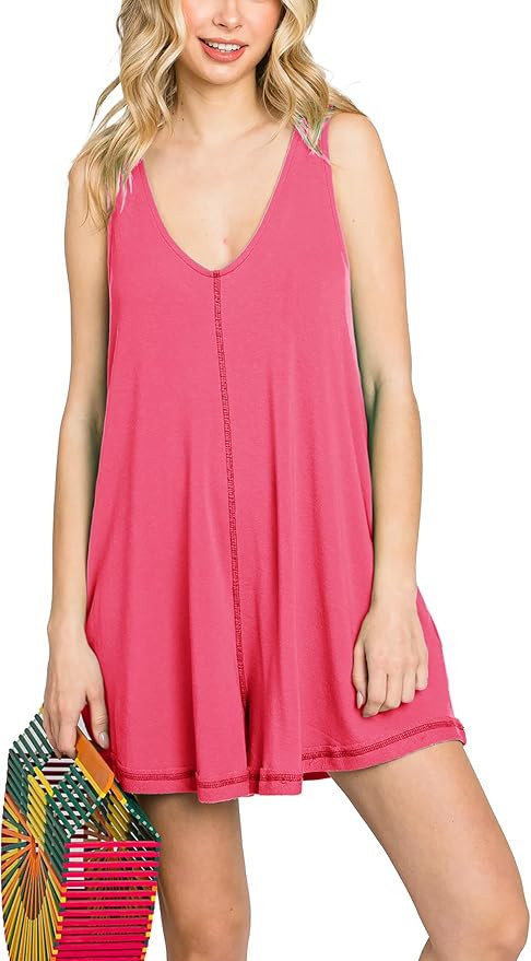 Women's Casual Rompers Loose Overalls Shorts Summer One Piece Outfit Rounded V-Neck Sleeveless Ju... | Amazon (US)