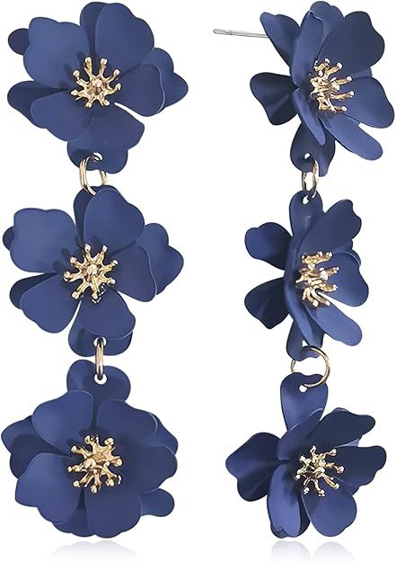 Unique Chic Long Matte Flower Dangle Earrings Cute Bohemian Tiered Triple Floral Drop Stud Earrin... | Amazon (US)