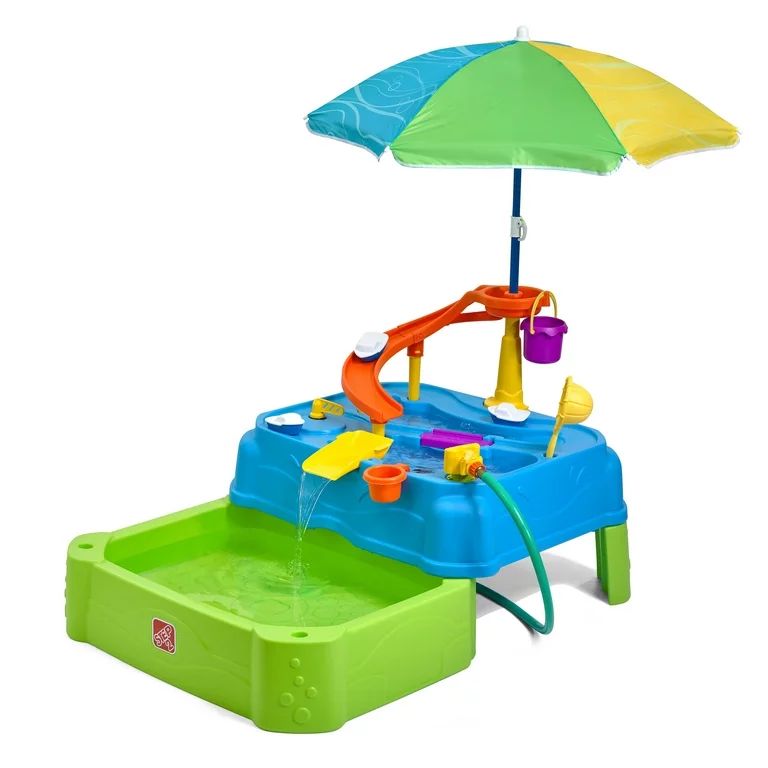 Step2 Waterpark Wonders Two-Tier Blue Plastic Outdoor Toy and Water Table for Toddler with Umbrel... | Walmart (US)