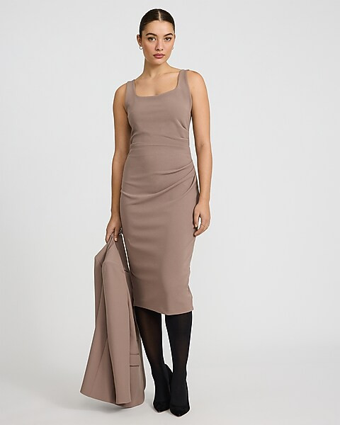 Crepe Scoop Neck Sleeveless Ruched Midi Sheath Dress | Express