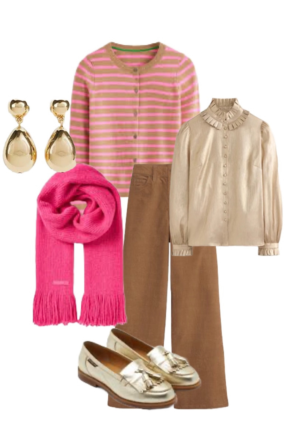 My love affair with pink gold and camel continues! Partner these Boden 1970s style wide leg 5 pocket camel trousers with their beautiful new Gold Ruffle Blouse and Camel & Pink Stripe Cashmere Cardigan (gift idea), the LK Bennett gold drop ‘Tilly’ party Earrings, pink tassel, knitted scarf by Joules from Marks & Spencer (just sold out 😦 will add if restocked but found a similar style from Mango) and Gold Chester Loafers from Russell & Bromley - not current season so I’ve added some gold brogues by White Stuff.

#LTKeurope #LTKautumn #LTKuk