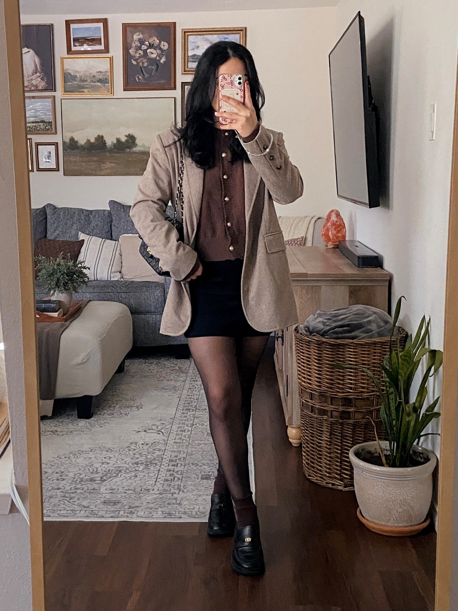 this color combo never misses 🗝️🤎 outfit of the day, nyc chic outfit, elevated casual outfit, light brown blazer outfit, brown cardigan top outfit, black mini skirt outfit, tights and loafers outfit, fall city outfit, chic everyday outfit, neutral outfit inspo, oversized blazer styling, brown blazer outfit, cardigan style top, layered fall outfit, socks and loafers trend, mini skirt fall outfit, cozy city look, casual chic layering, neutral color palette outfit, coach mini crossbody bag, coach bag outfit, mini crossbody styling, chic everyday bag, designer bag look, classic accessories outfit, nyc street style, cool girl chic, parisian inspired outfit, pinterest inspired outfit, modern feminine style, effortless chic vibes, city girl aesthetic, downtown chic look, polished casual, texas winter outfit, winter outfit ideas
 

 #LTKdayinmylife #LTKgrwm #LTKootd