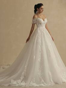 Embroidery Off Shoulder Floor Length Mesh Wedding Dress | SHEIN