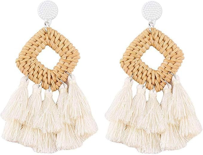 WFYOU Rattan Tassel Earrings for Women Bohemian Statement Handmade Woven Drop Dangle Earrings | Amazon (US)