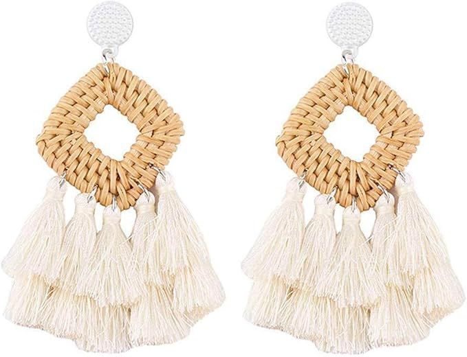 WFYOU Rattan Tassel Earrings for Women Bohemian Statement Handmade Woven Drop Dangle Earrings | Amazon (US)