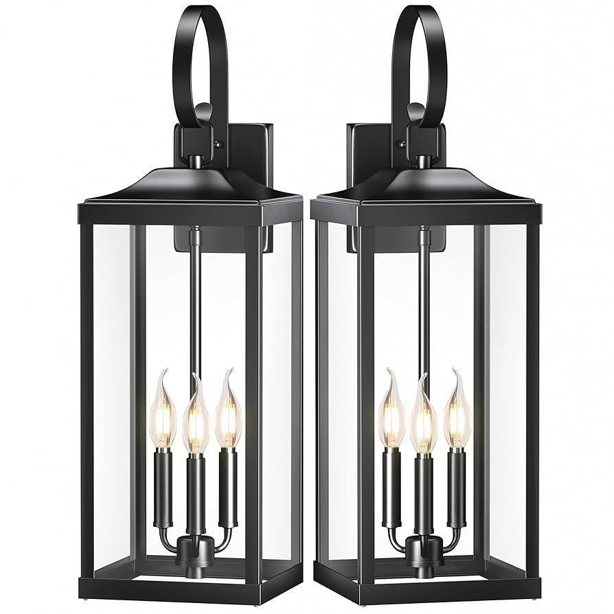 2 Packs 24" Extra Large Outside Wall Light Fixture 3-Light, Black Outdoor Porch Lantern Wall Moun... | Amazon (US)