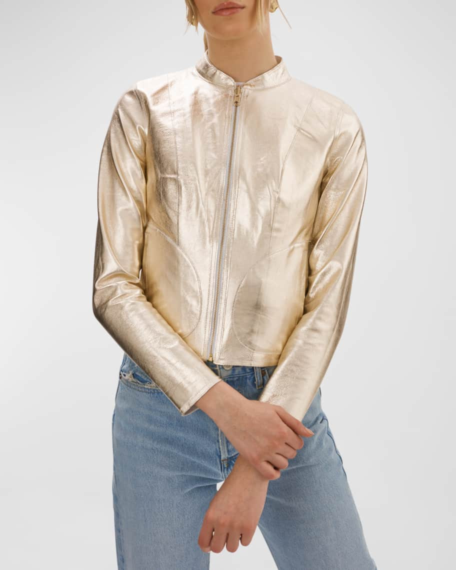 LaMarque Reversible Zip-Front Lamb Leather Metallic Bomber Jacket | Neiman Marcus
