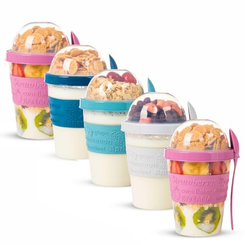 EYNEL 5 Pack On The Go Cereal Yogurt Cups with Lids and Spoon, Overnight Oats Container, Reusable Parfait Plastic Milk Jar Breakfast Crunch Granola Oatmeal Smoothie Snack Prep Bowl | Amazon (US)