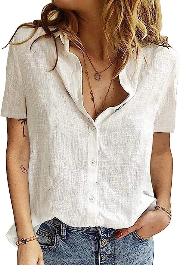 Maavoki Women V Neck Solid Roll Up Sleeve Collared Shirts Blouses Summer Linen Tops for Teen Girl... | Amazon (UK)