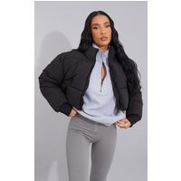 Black Ribbed Cuff Peach Skin Cropped Puffer | PrettyLittleThing CAN