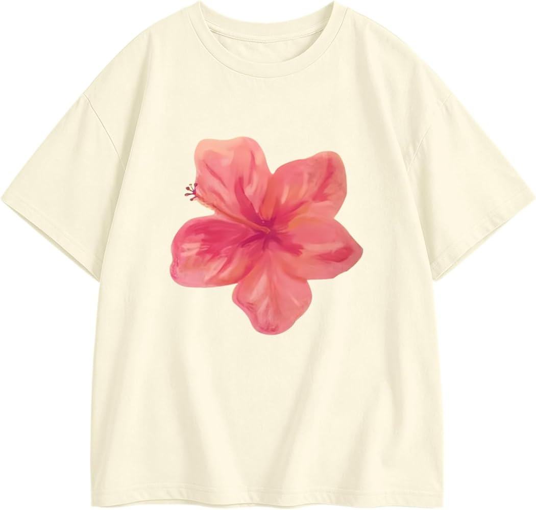 Girls Hibiscus Flower Graphic Tees Floral Hawaiian Beach Preppy Shirts for Kids Cute Aesthetic T ... | Amazon (US)