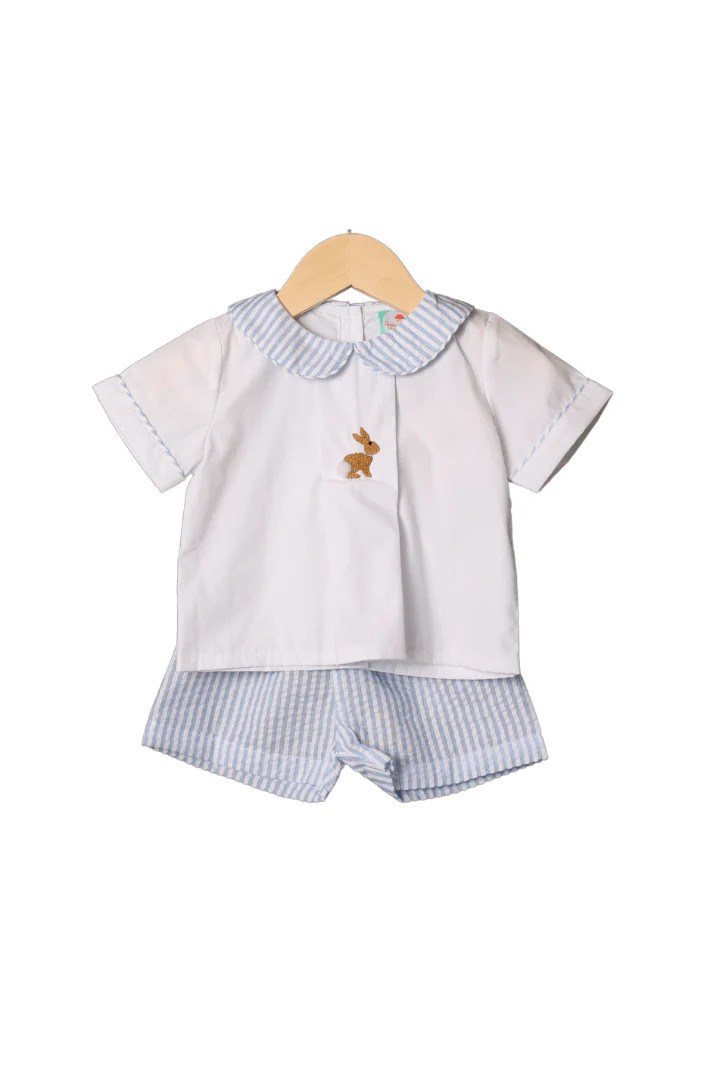 Hand Embroidered Bunny Blue Seersucker Set | The Smocked Flamingo