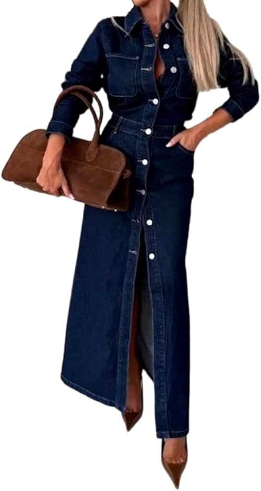 yoeasy Womens Button Down Denim Dress Fall Trendy Long Sleeve Bodycon Denim Maxi Dress Casual A L... | Amazon (US)