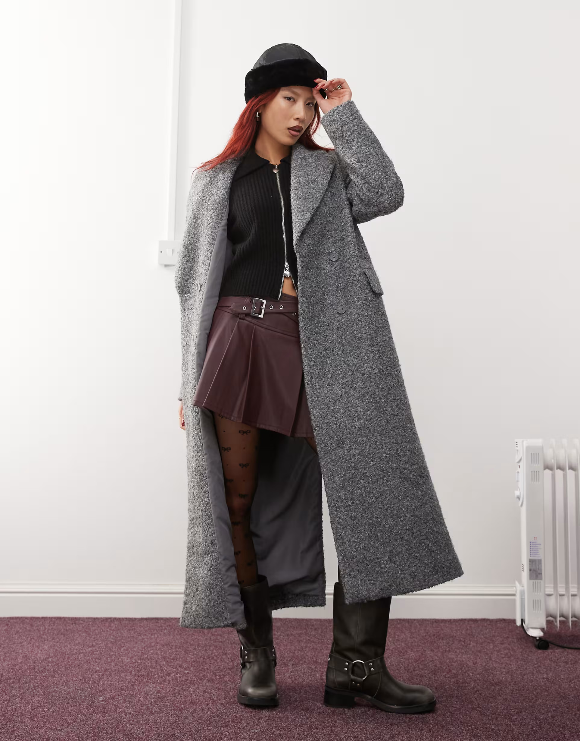 Monki wool mix textured long double breasted coat in grey | ASOS (Global)