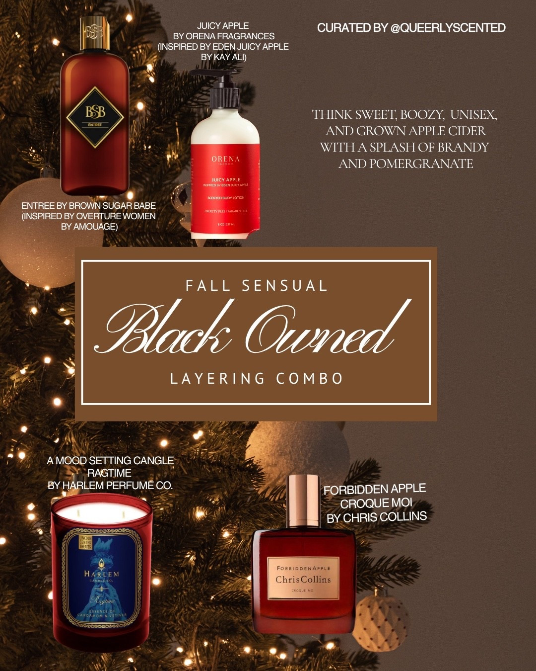 🔗Shop items in Bio 
Sometimes you really want to smell and smell something seductive during the holiday season and I think this is the perfect way for you to experience. 

I hope you get to check them out and it means the world to me if you shop my links on LTK. 

Thank you and happy holidays! 

Featured:
Entree by @brownsugarbabe
Juicy Apple by @orenafragrances
Forbidden Apple Croque Moi by @chriscolline 
Ragtime Candle by @harlemperfumeco 

#holidays #giftgiving #blackowned #queerowned #womenowned 

#LTKGiftGuide #LTKHoliday #LTKSeasonal