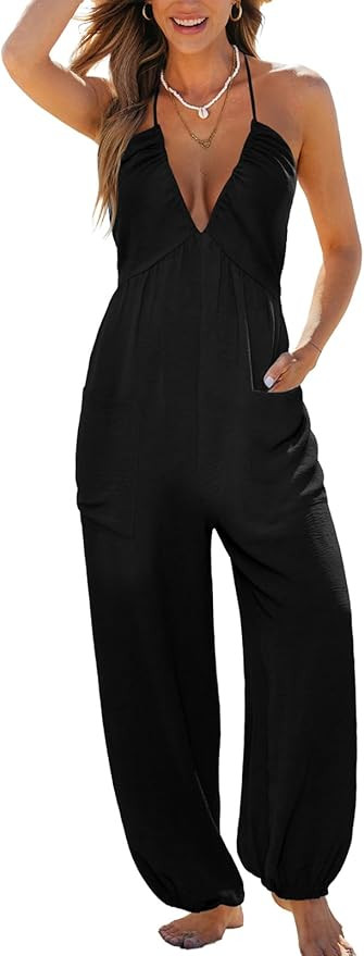 CUPSHE Womens Maxi One Piece Jumpsuit Plunging V Neck Sleeveless Casual Outfit Beach Overall Vaca... | Amazon (US)