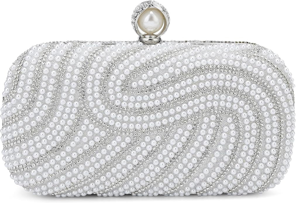 YYW Womens Pearl Clutch Purse Evening Handbags Beaded Bag for Wedding Bride Party with Chain | Amazon (US)