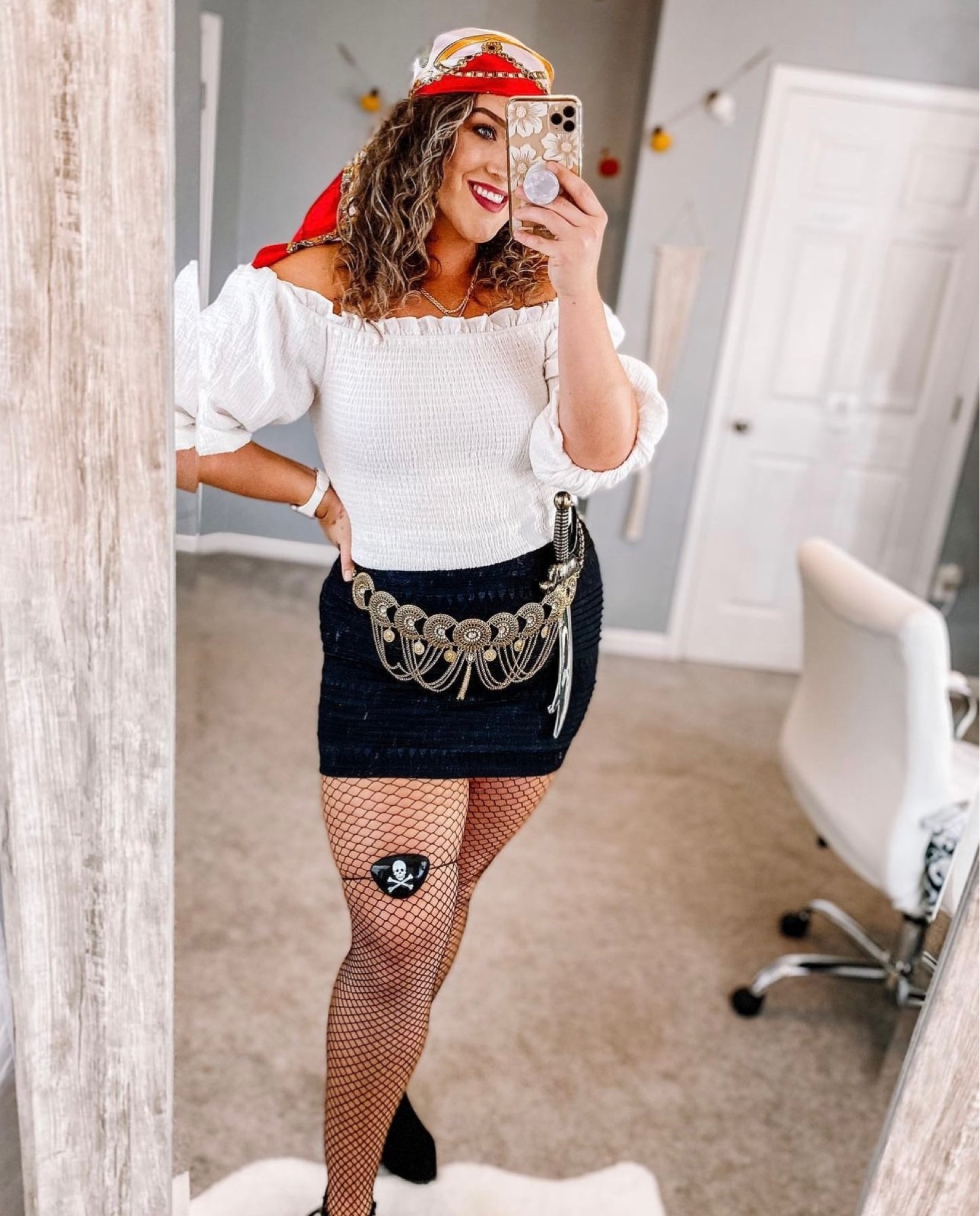 Amazon Halloween Costume Inspo: Pirate 🏴‍☠️⚔️ 
#amazonfinds #halloween #halloweencostumes #adultcostumes #whitetop #smockedtop #skirt #bodycon #pirate #gold #headscarf #earrings #boots #costumekit #diycostume #costumeideas #fishnets #bodychain 

#LTKSeasonal #LTKcurves #LTKHalloween