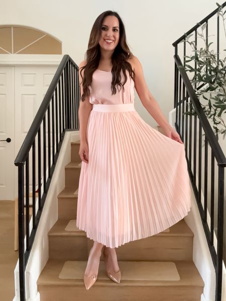 Valentine’s Day outfit idea! Classy outfit, midi skirt, pleated skirt, pink skirt, date outfit, silk, quince, pink, Galentime’s Day 

#LTKover40 #LTKfindsunder100