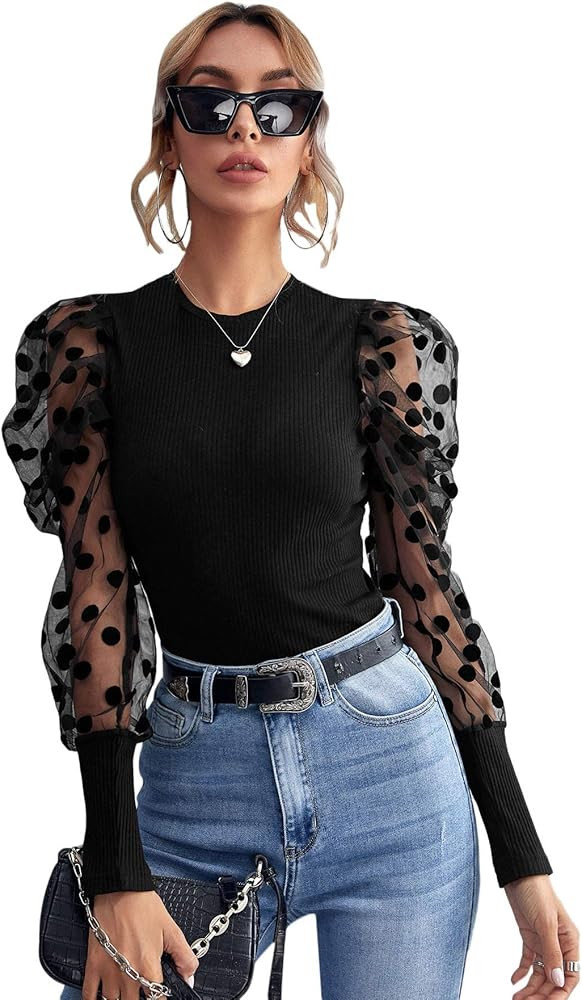 SOLY HUX Women's Sheer Mesh Long Sleeve Slim Fit Top Blouse | Amazon (US)