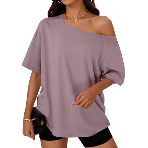 Womens Oversized Tee Shirts Off The Shoulder Top Casual Soft Short Sleeve Basic Shirt Sexy Going Out One Shoulder Top Loose Boat Neck Cute Tops Streetwear Trendy Spring Fashion Clothes Purple Pink XL | Amazon (US)