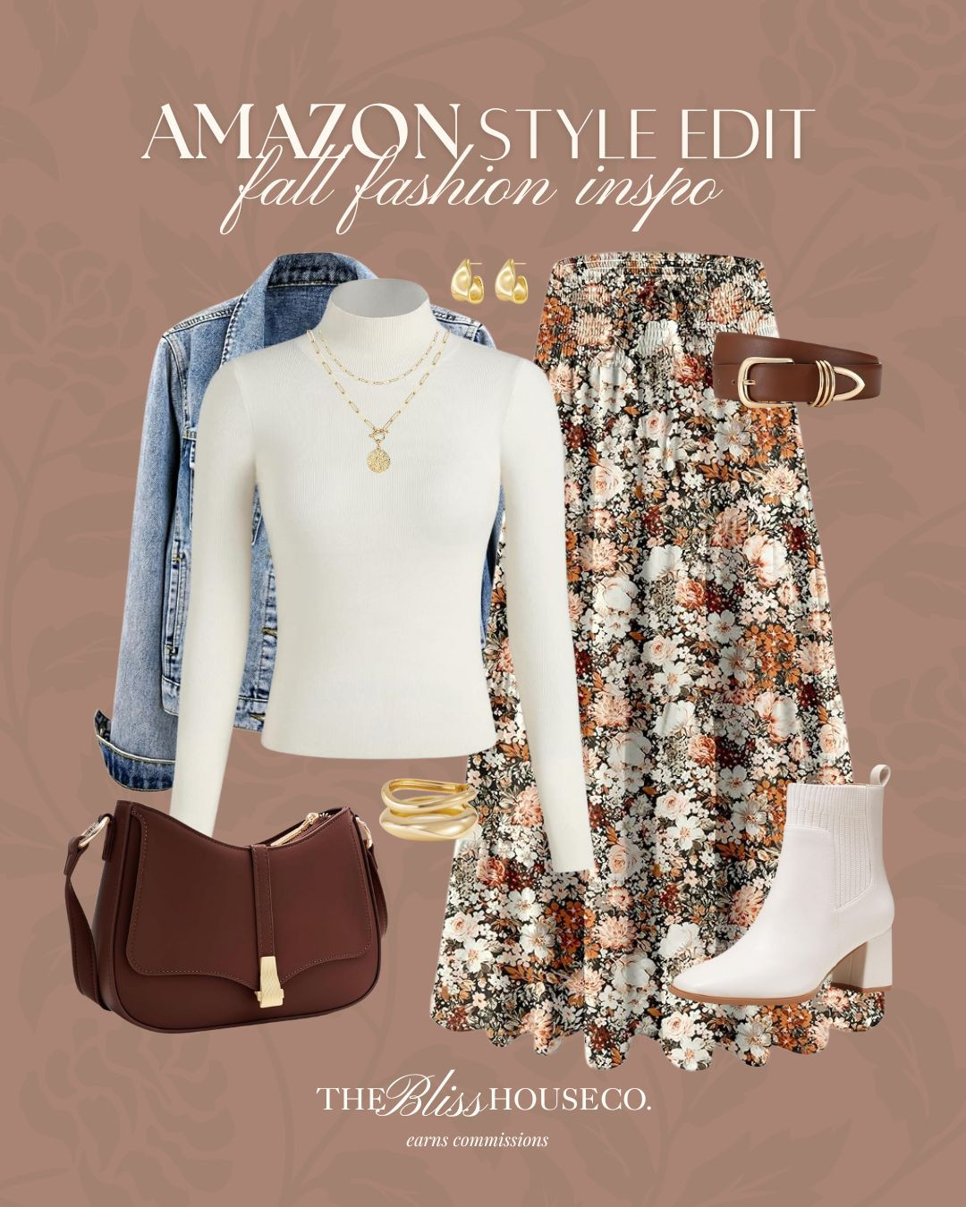 Amazon fall fashion inspo. Thanksgiving look, trendy fall look, comfy knit top, denim jacket, chunky gold jewelry, brown leather bag, chic ankle boots, floral maxi skirt, best selling, Thanksgiving outfit, holiday look, outfit inspo.
 

 #LTKSeasonal #LTKFindsUnder50 #LTKStyleTip
