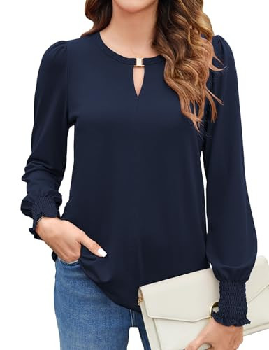 Bluetime Womens Puff Long Sleeve Dressy Casual Tops Trendy Office Work Shirts Keyhole V Neck Ruffled Blouses (Navy Blue L) | Amazon (US)