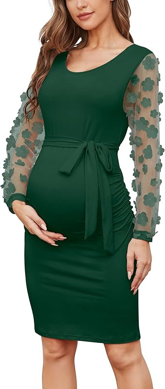 Floral Mesh Bishop Long Sleeve Maternity Midi Dress, Fall Maternity Bodycon Dress for Baby Shower... | Amazon (US)