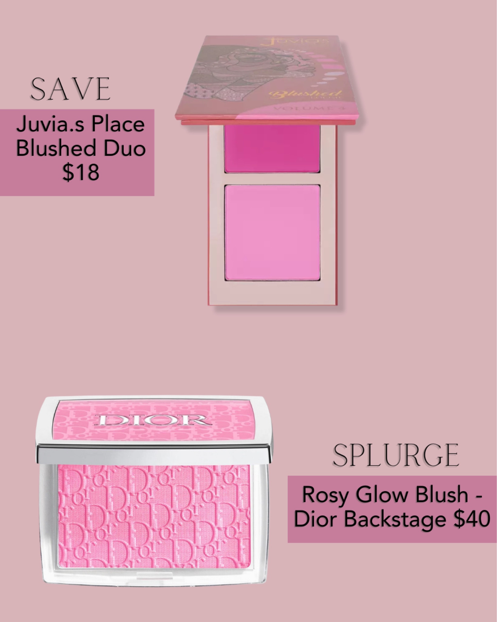 Dior Backstage Rosy Glow Blush and it’s dupe Juvia’s Blushed Duo that will save you more than $20. 
Best high end makeup dupe of Dior backstage glow blush

#LTKunder50 #LTKFind #LTKbeauty