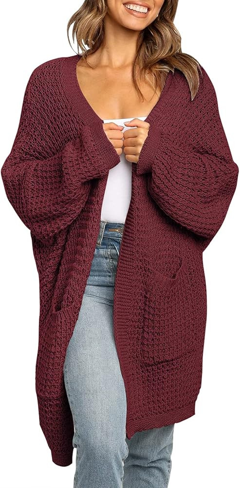 ZESICA Women's Long Batwing Sleeve Open Front Chunky Knit Cardigan Sweater with Pockets | Amazon (US)