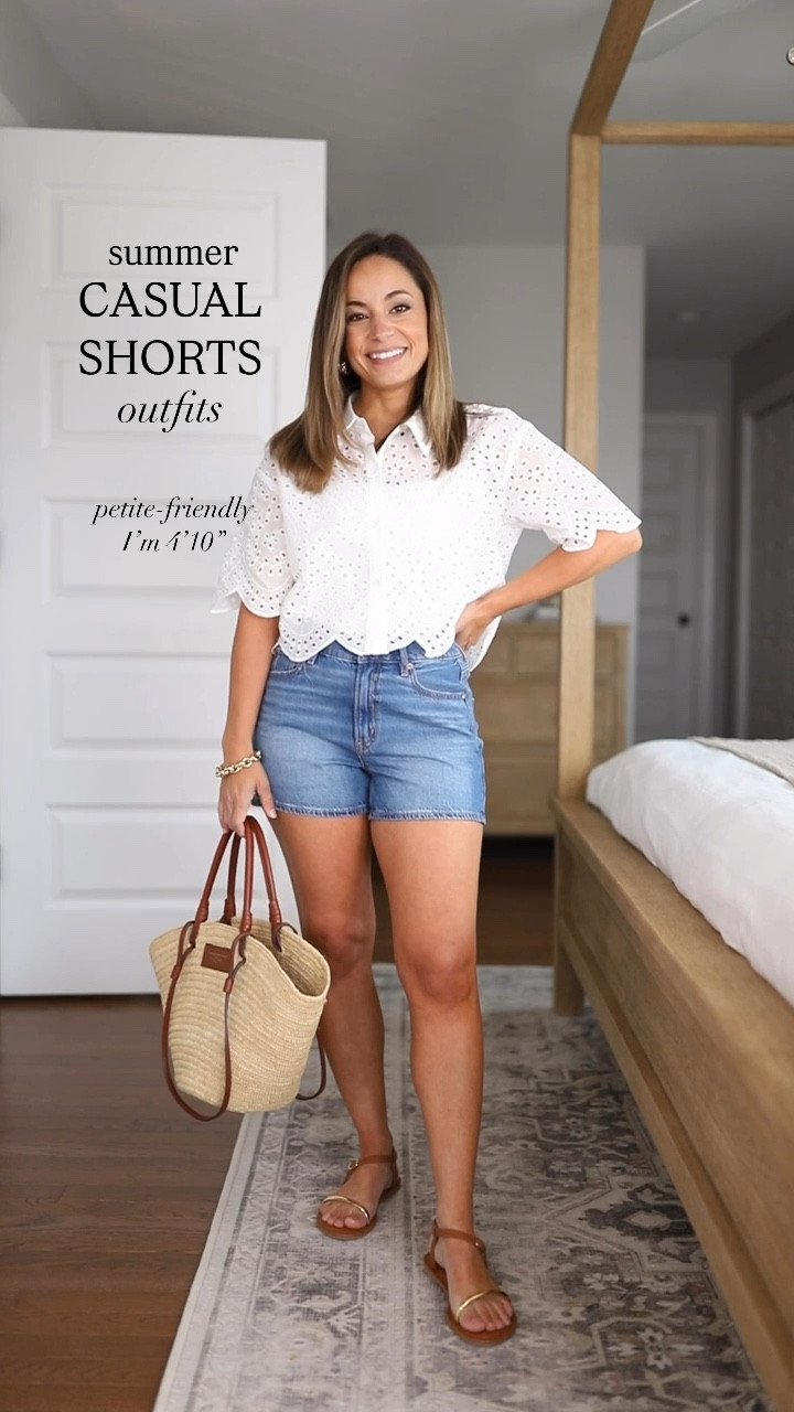 Casual summer shorts outfits! 

Outfit 1
Denim shorts (AE): 00 - 3.5” inseam. Stretch denim, recommend a size up for a relaxed fit or your true size for a close fit. 
Scalloped top (Amazon): xs 
Camisole (Kohl’s): small
Sandals (Target): tts 
Bag (Sezane) 

Outfit 2
Top (Kohl’s): petite xs 
Scalloped shorts (Kohl’s): xs 
Sandals (J.Crew Factory): tts 
Bag (J.Crew) 

Outfit 3
T-shirt (Gap): petite xs 
Shorts (Gap): petite xs 
Sandals (Target): tts 

My measurements for reference: I’m 4’10” and 105lbs. My bust, waist, and hip measurement is 32”, 24”, and 36”.


#LTKPetite #LTKSeasonal
