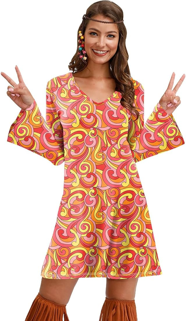 For G and PL Women's Halloween Floral 1960's 1970's Hippie Costume Dress | Amazon (US)