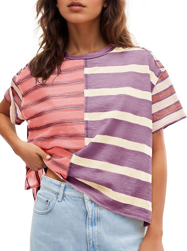 Tankaneo Womens Summer Striped Shirts Casual Color Block Short Sleeve Tops Loose Fit Crew Neck Te... | Amazon (US)