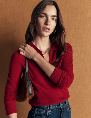 Boden Women's Elsie Cashmere Henley Jumper in Red | Size Small | Boden UK