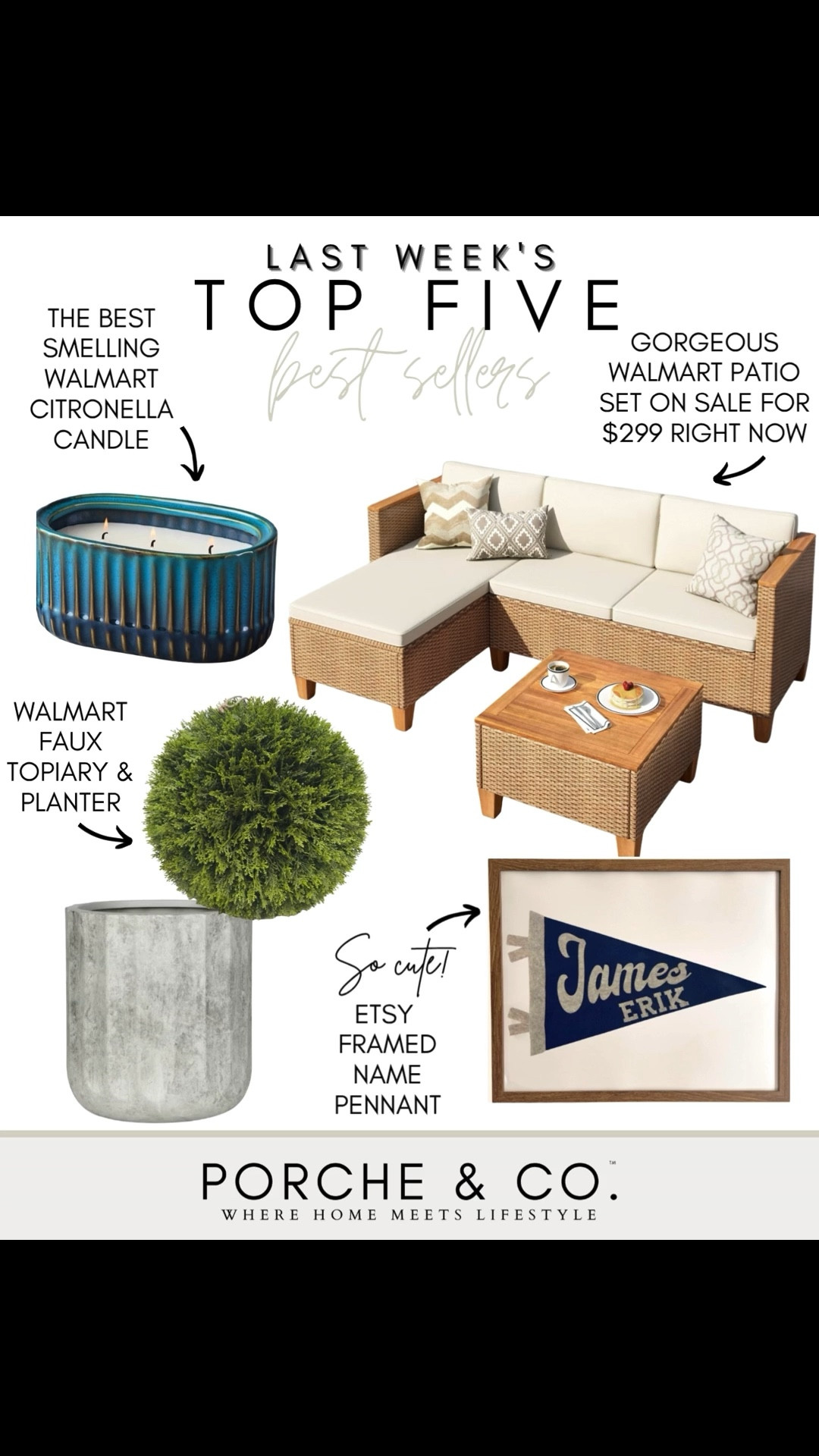 ✨Last Week’s Top 5 Best Sellers✨
Outdoor season is officially here — and you all loved these fresh, easy finds 🙌

🕯️ Walmart Citronella Candle – The best smelling citronella I’ve found… and actually pretty too.
🪴 Walmart Faux Topiary & Planter – Such an easy way to add greenery without the upkeep.
🛋️ Walmart Patio Set ($299 on sale) – Gorgeous and such an amazing price for a full set right now.
🎀 Etsy Framed Name Pennant – So cute! The sweetest personalized touch for any space.

Tap to shop these best sellers before they’re gone ✨

#porcheandco #LTKhome #walmartfinds #outdoorliving #patioinspo #springdecor #neutralhome #cozyhome

#LTKSeasonal #LTKHome #LTKSaleAlert