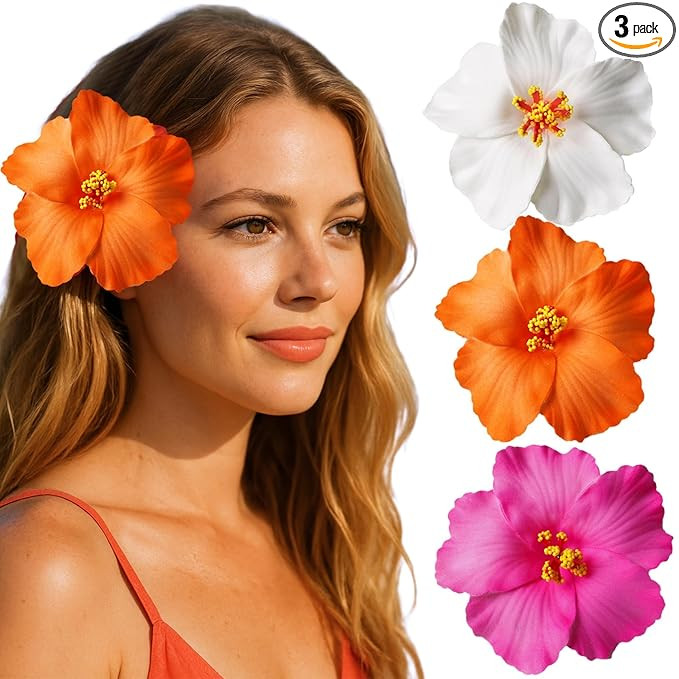 3 Pack Hawaiian Flower Hair Clips, 3.5" Tropical Plumeria Hibiscus Flower Hair Clip for Women, Hi... | Amazon (US)