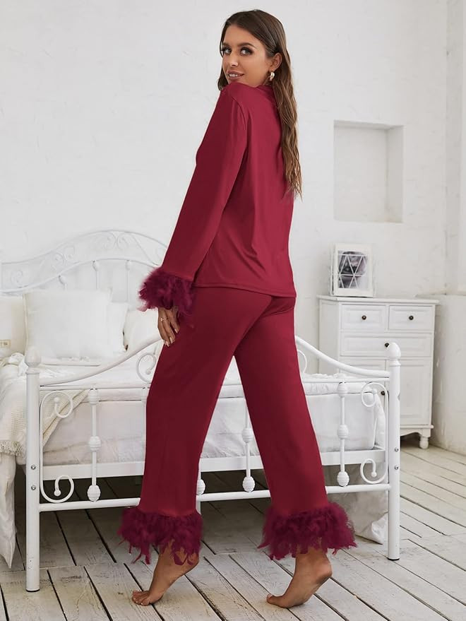 WDIRARA Women's Sleepwear 2 Piece Fuzzy Trim Button Down Long Sleeve and Pants Pj Set | Amazon (US)