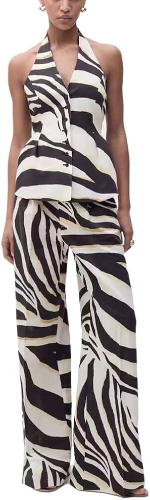 2 Piece Outfits for Women Pants Sets Zebra Print Halter Vest Top and Wide Leg Pants Dailywear Sum... | Amazon (US)