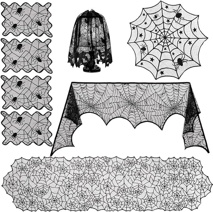 Sunnyglade 8 Pack Halloween Spider Cobweb Lace Tablecloth Set,Fireplace Mantel Scarf & Lace Table... | Amazon (US)