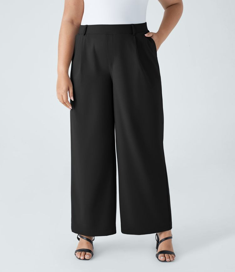 Women’s High Waisted Plicated Side Pocket Straight Leg Work Plus Size Pants - Halara | HALARA
