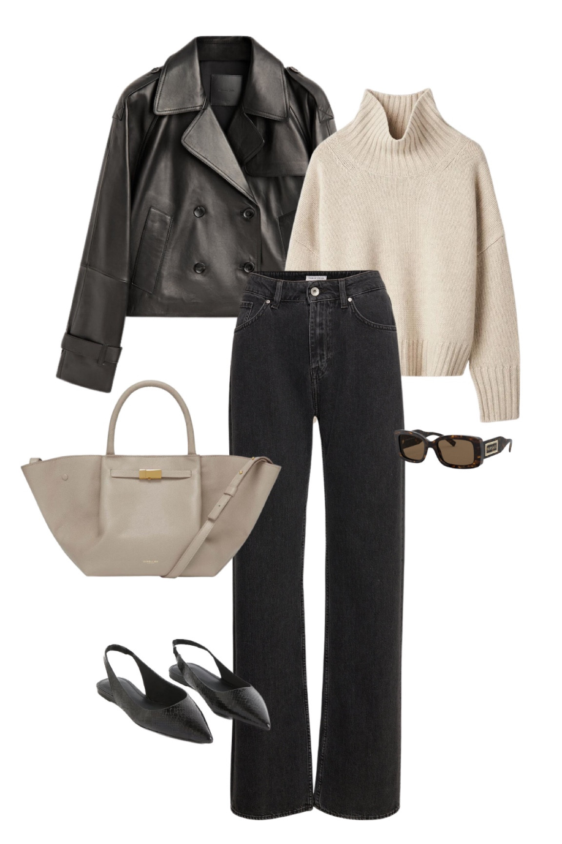 Coffee date outfit inspiration: a cropped leather trnch coat, mock neck knit sweater (from soft goat), black jeans, an elegant handbag from demellier, slingback flats & a pair of sunglasses.

#LTKstyletip #LTKeurope #LTKshoecrush