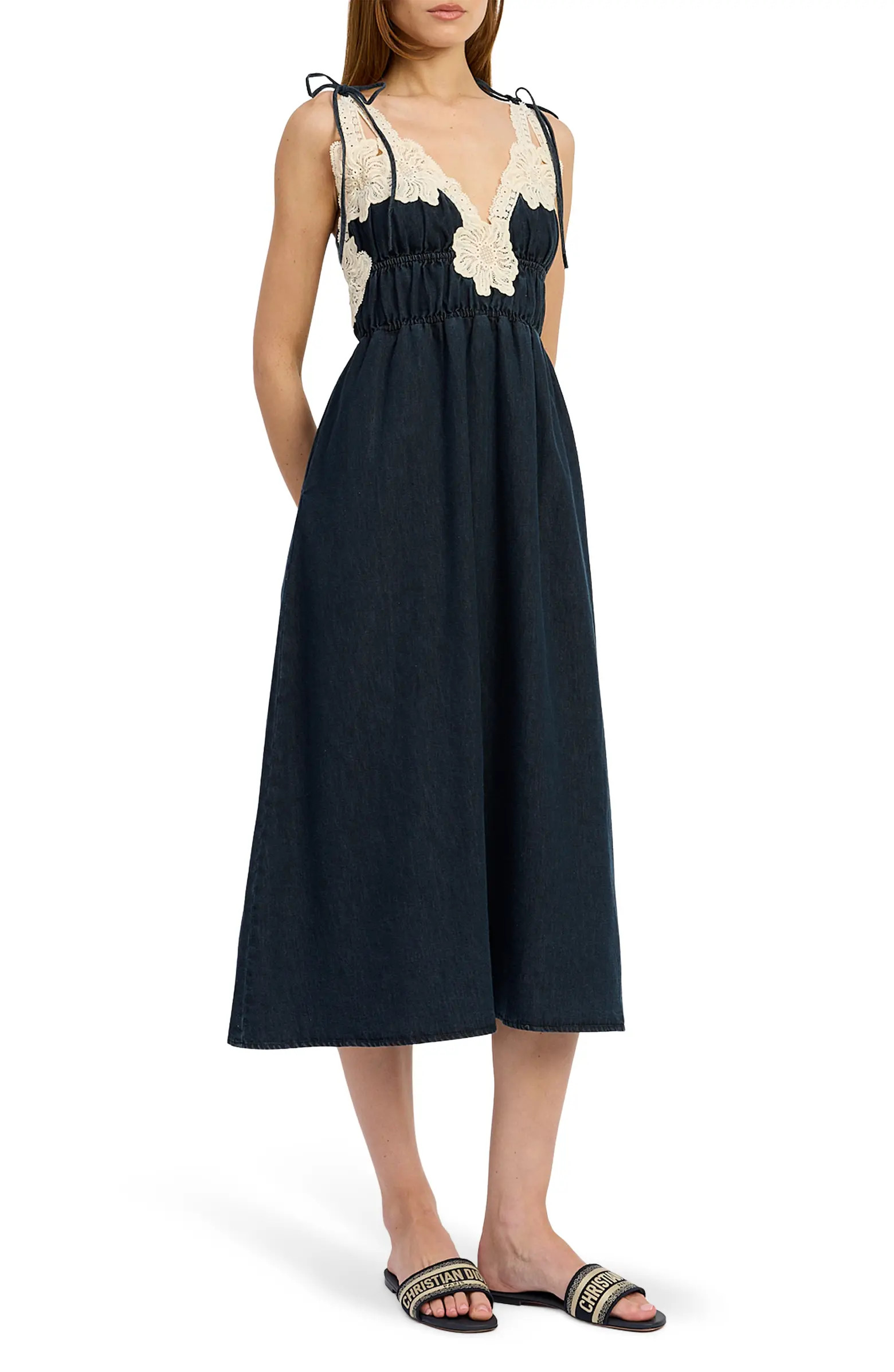 Natalia Lace Trim Shirred Midi Dress | Nordstrom