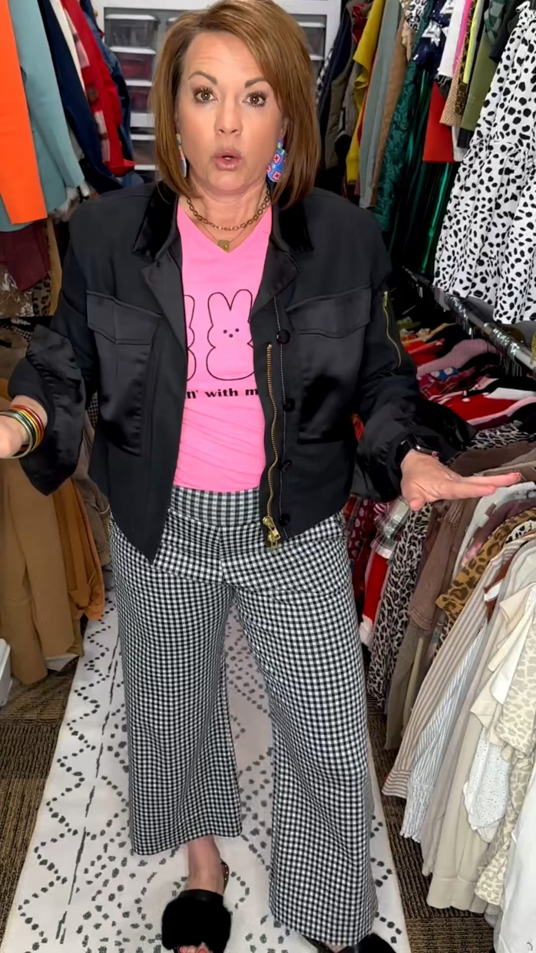 POV: You want to be comfy… but still look put together 💁‍♀️

This outfit is giving easy, elevated, and just a little bit fun—which is basically my everyday goal lately.

✔️ Lightweight black utility jacket (perfect layering piece for unpredictable temps)
✔️ Graphic tee for a pop of personality (because basics don’t have to be boring)
✔️ Gingham wide-leg pants = flattering + forgiving + SO comfy
✔️ Slides that feel like slippers but still look chic
✔️ Finished with a classic black bag and gold accessories to pull it all together

This is one of those outfits you can wear to run errands, grab lunch, or even casual Friday and feel confident the whole time.

Follow me for more chic + comfy outfit ideas you can actually wear in real life 💕

⸻

wide leg pants outfit, gingham pants outfit, graphic tee outfit women, casual chic outfit, comfy chic style, over 40 fashion, over 50 style, everyday outfit ideas, spring outfit women, casual work outfit, teacher outfit ideas, mom style outfit, black jacket outfit, Amazon style outfit, affordable fashion finds, easy outfit formula, elevated casual look, what to wear casual day, flattering outfits for women, comfortable stylish outfits, capsule wardrobe ideas, mix and match outfit


#LTKootd #LTKmorningroutine #LTKgrwm